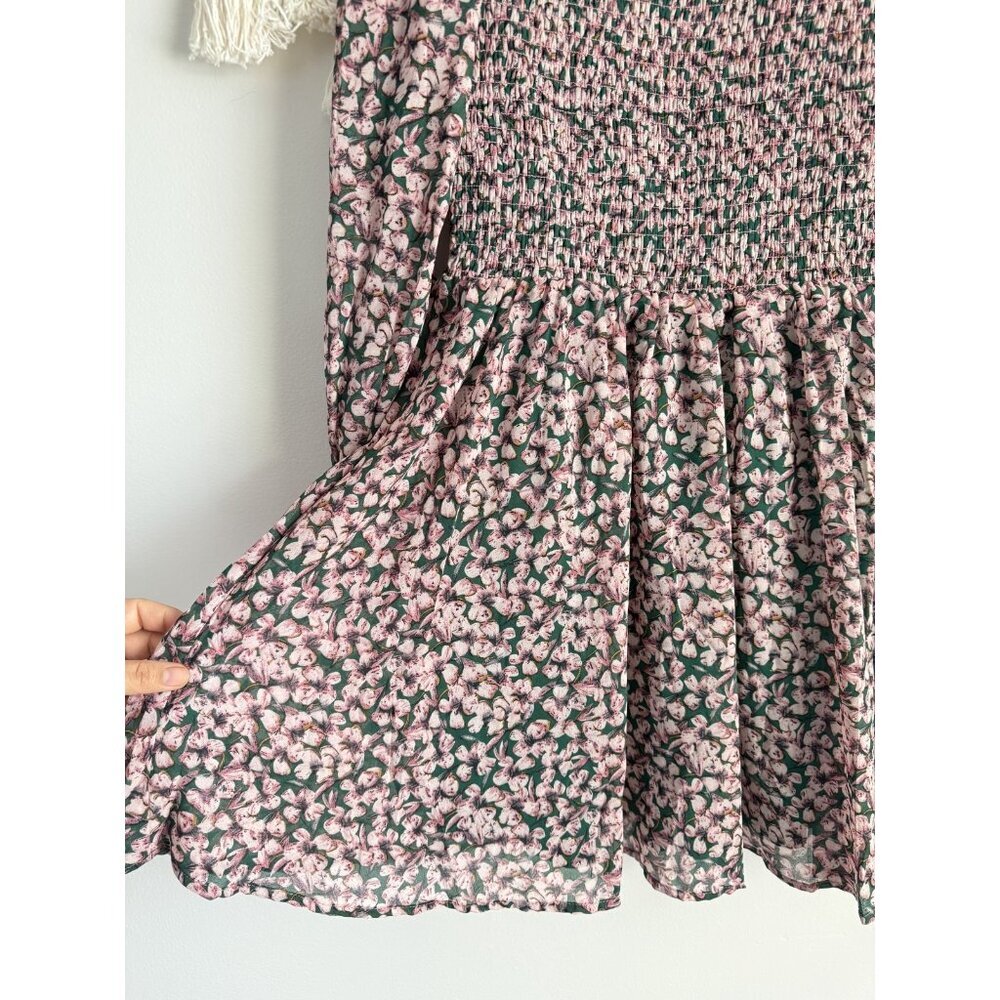 Lulus Floral Forever Green Pink Smocked Skater Mini Dress Coquette Cottage Fairy - Picture 5 of 11